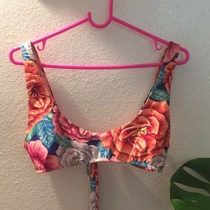 Colorful floral scoop bikini top with tie back